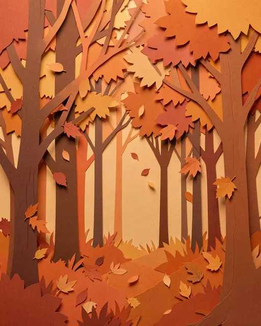 Paper cut art of an autumn forest with falling leaves in warm orange, rust, and brown tones