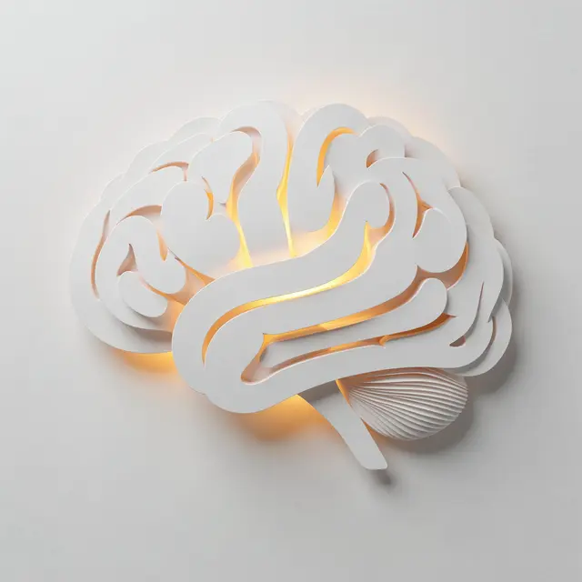 A layered white paper cutout illustration of a brain with warm glowing light between its stacked layers