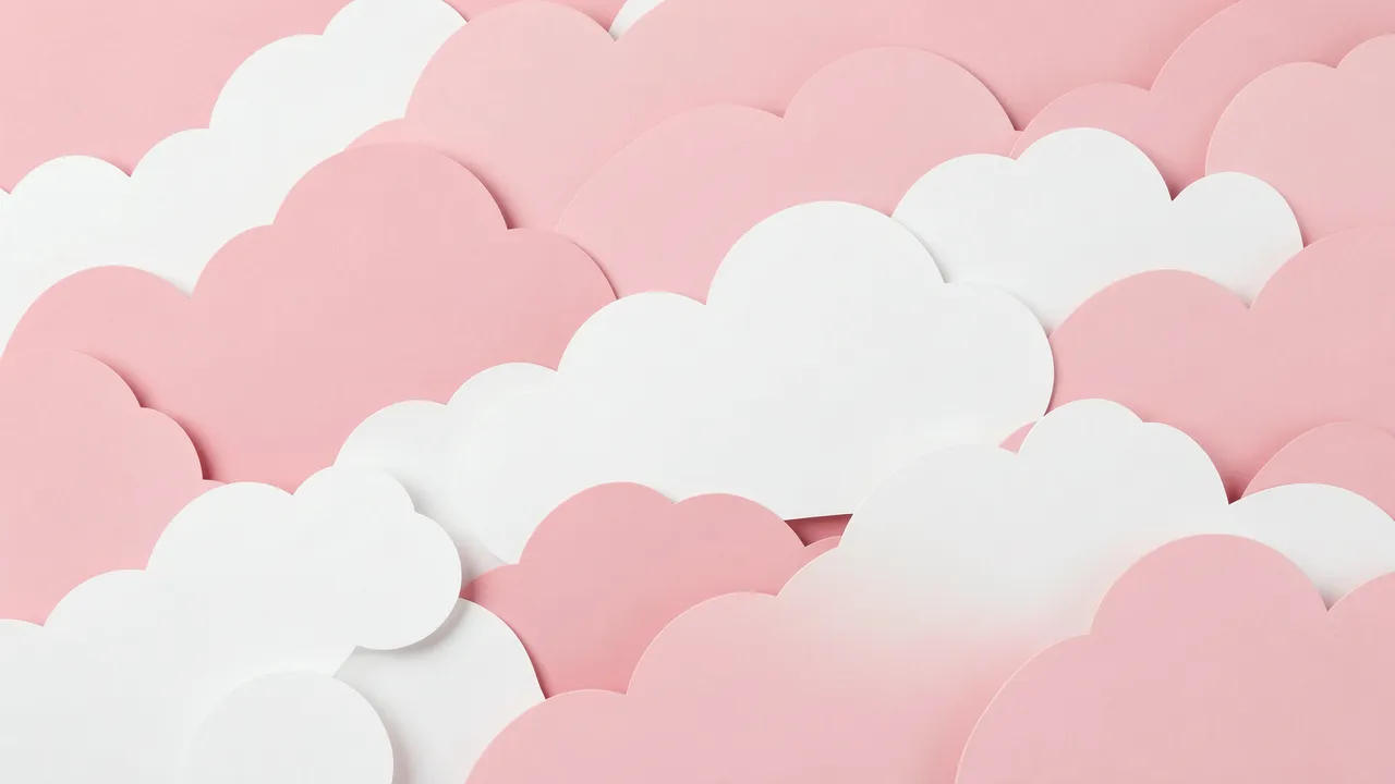 Overlapping layered paper cutout clouds in soft pastel pink and off white fill the full frame