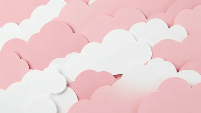 Overlapping layered paper cutout clouds in soft pastel pink and off white fill the full frame