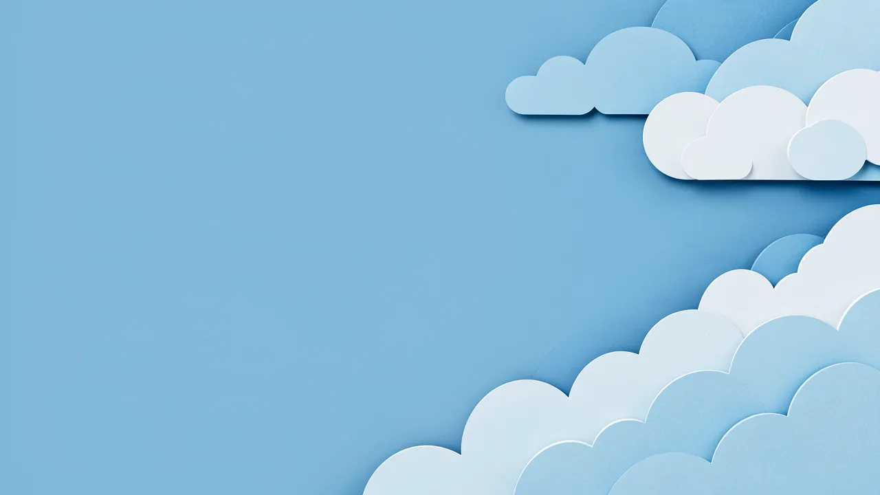 Paper cut style cloud elements positioned along the right edge of a smooth sky blue background with empty copy space on the