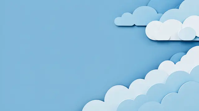 Paper cut style cloud elements positioned along the right edge of a smooth sky blue background with empty copy space on the