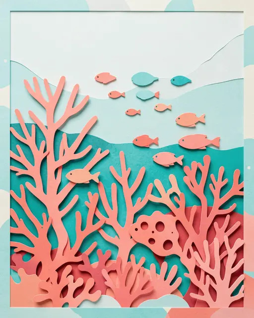 Paper cut art of a coral reef with small fish in coral pink and turquoise layered paper sheets