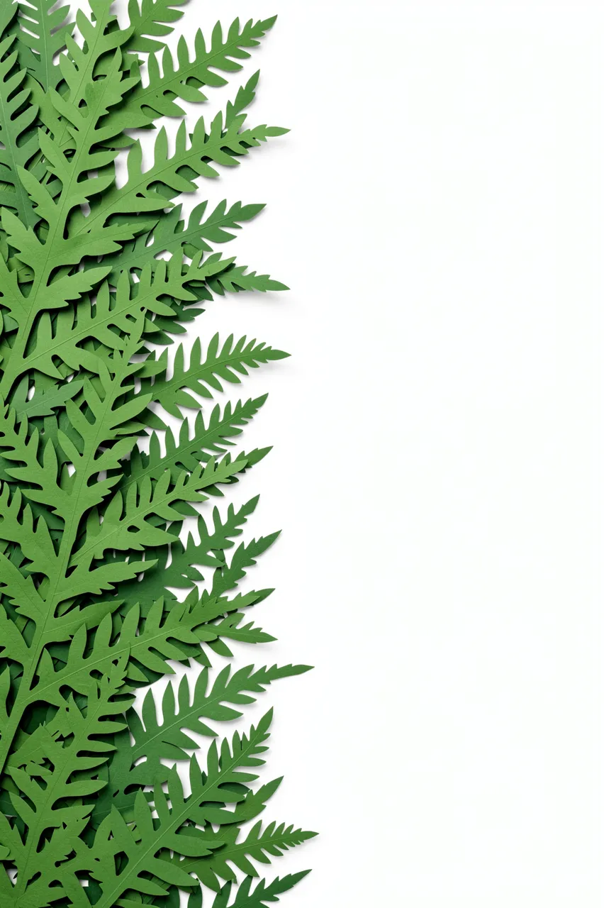 Layered green paper cut fern leaves arranged along the left edge with blank white copy space on the right