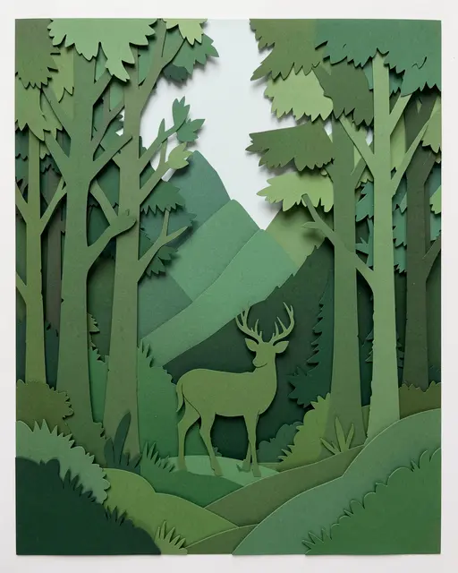 Layered green paper cut artwork showing a stag standing in a forest with distant mountains.