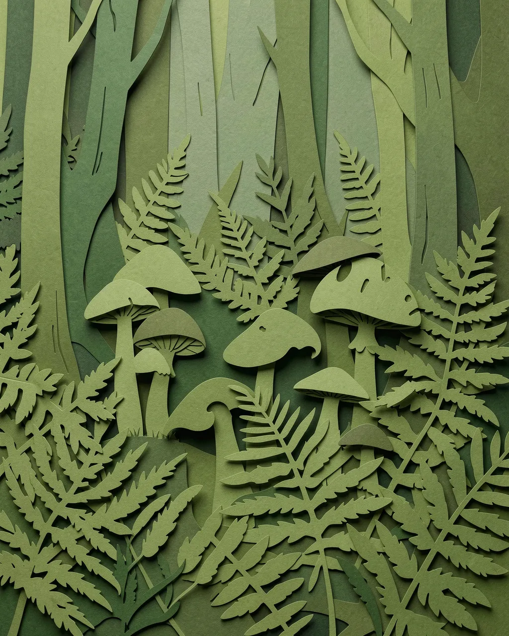 Monochromatic moss green layered paper cut art of a forest floor with ferns and mushrooms
