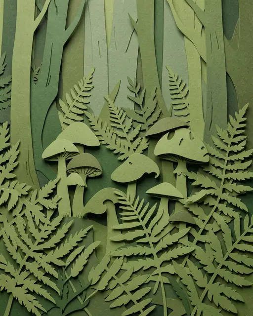 Monochromatic moss green layered paper cut art of a forest floor with ferns and mushrooms