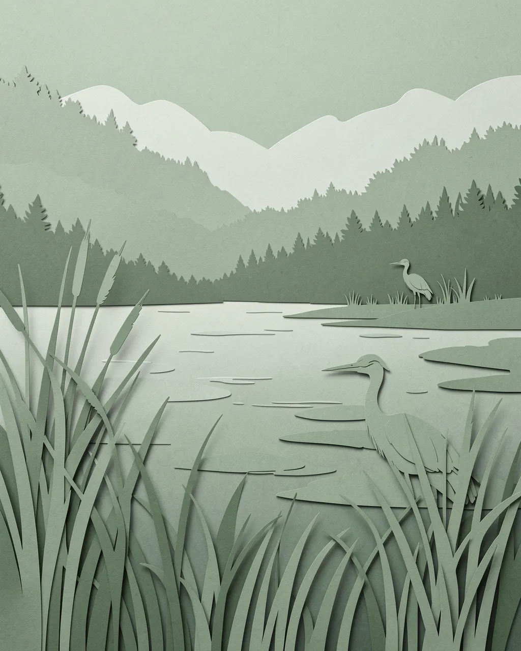 Sage green layered paper cut art of a misty lake with herons, reeds, and distant forested mountains
