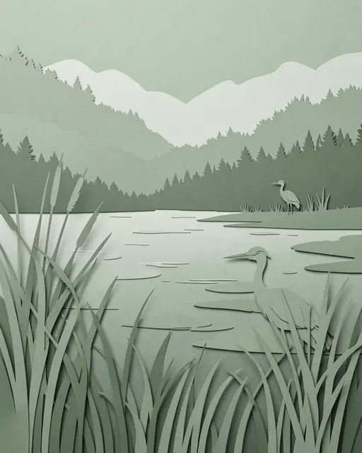 Sage green layered paper cut art of a misty lake with herons, reeds, and distant forested mountains