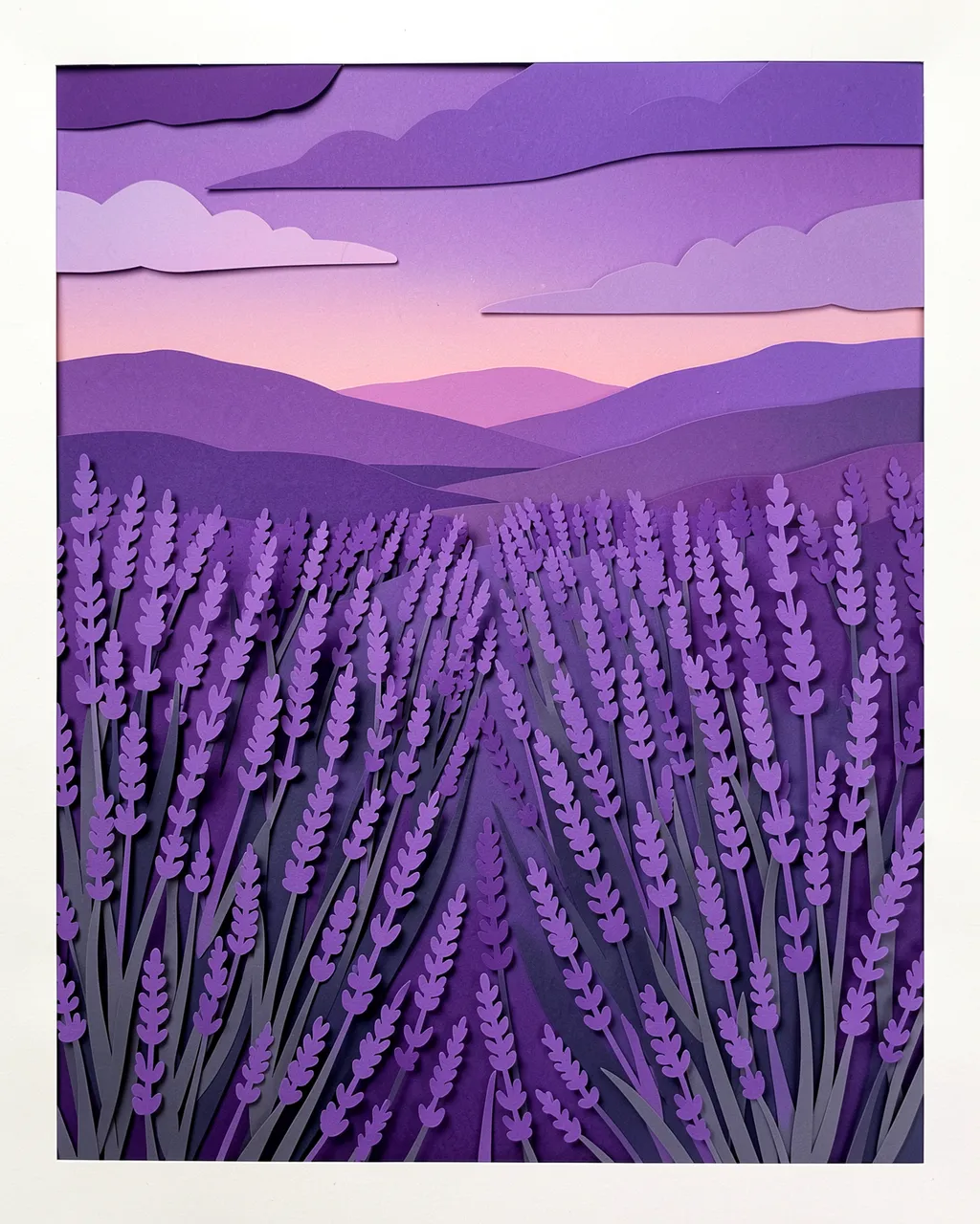 Paper cut illustration of a lavender field at dusk with layered purple mountains and sky clouds