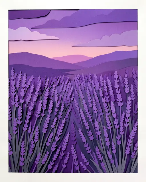 Paper cut illustration of a lavender field at dusk with layered purple mountains and sky clouds