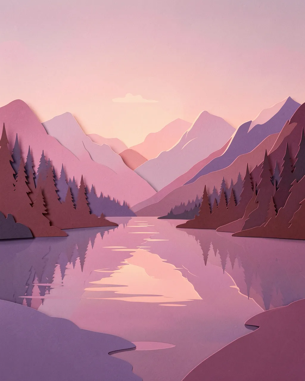 Layered paper cut art of a mountain lake at dawn in soft rose and lavender hues