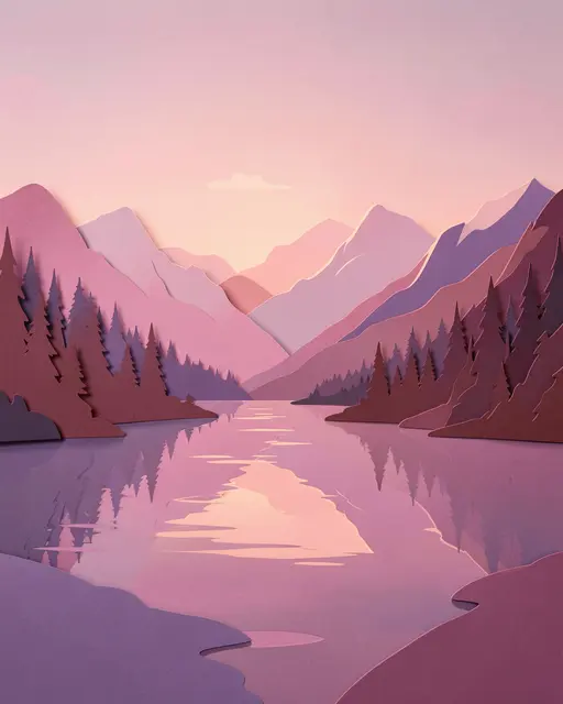Layered paper cut art of a mountain lake at dawn in soft rose and lavender hues