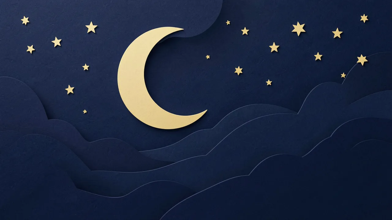 Layered navy paper cut night sky features a golden crescent moon and scattered gold stars above cloud layers