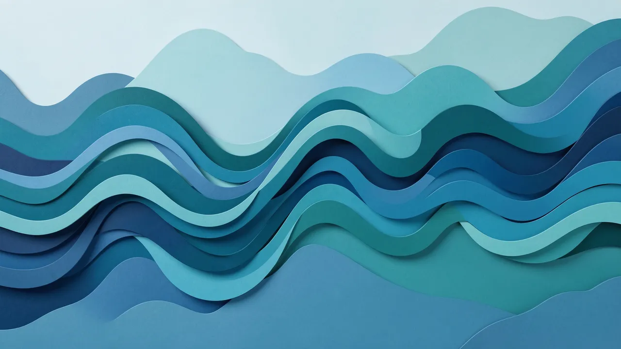 Layered paper cut illustration of flowing wavy lines in graduated blue and teal shades