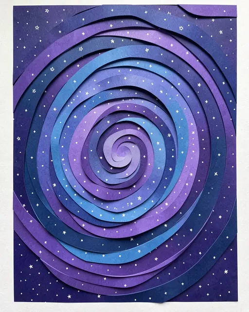 Layered paper cut art depicts a spiral galaxy in blue and violet shades dotted with tiny white stars