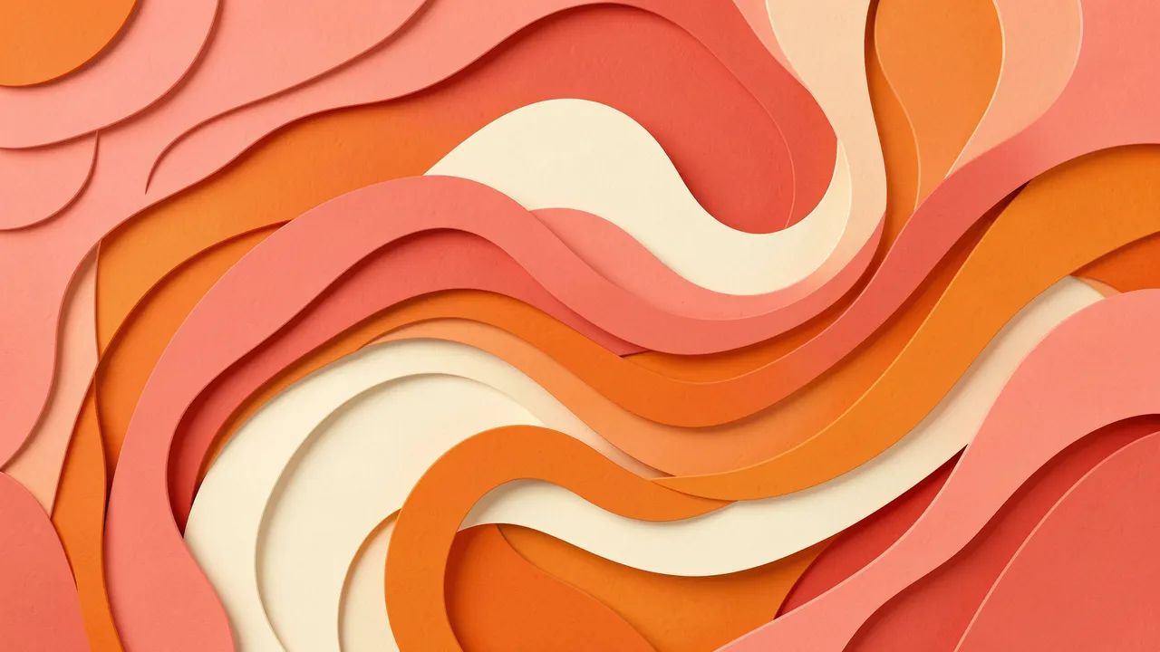 Abstract layered paper cut design with flowing curved shapes in coral, orange, and cream tones