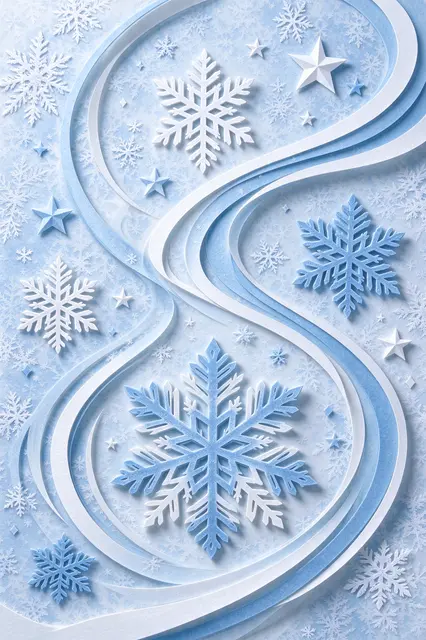 Paper cut winter illustration with swirling ribbons, snowflakes and stars on icy blue background