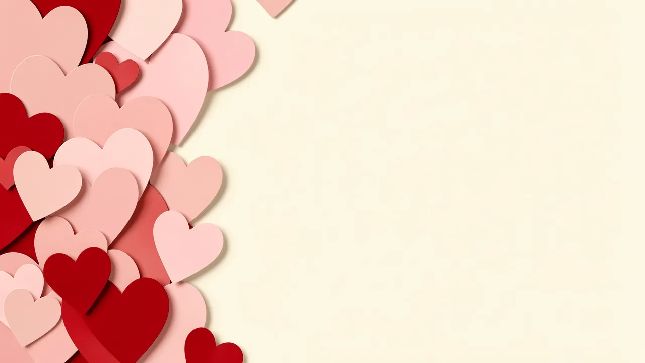 Cut paper hearts in blush pink and red line the left edge of a cream background with empty copy space on the right