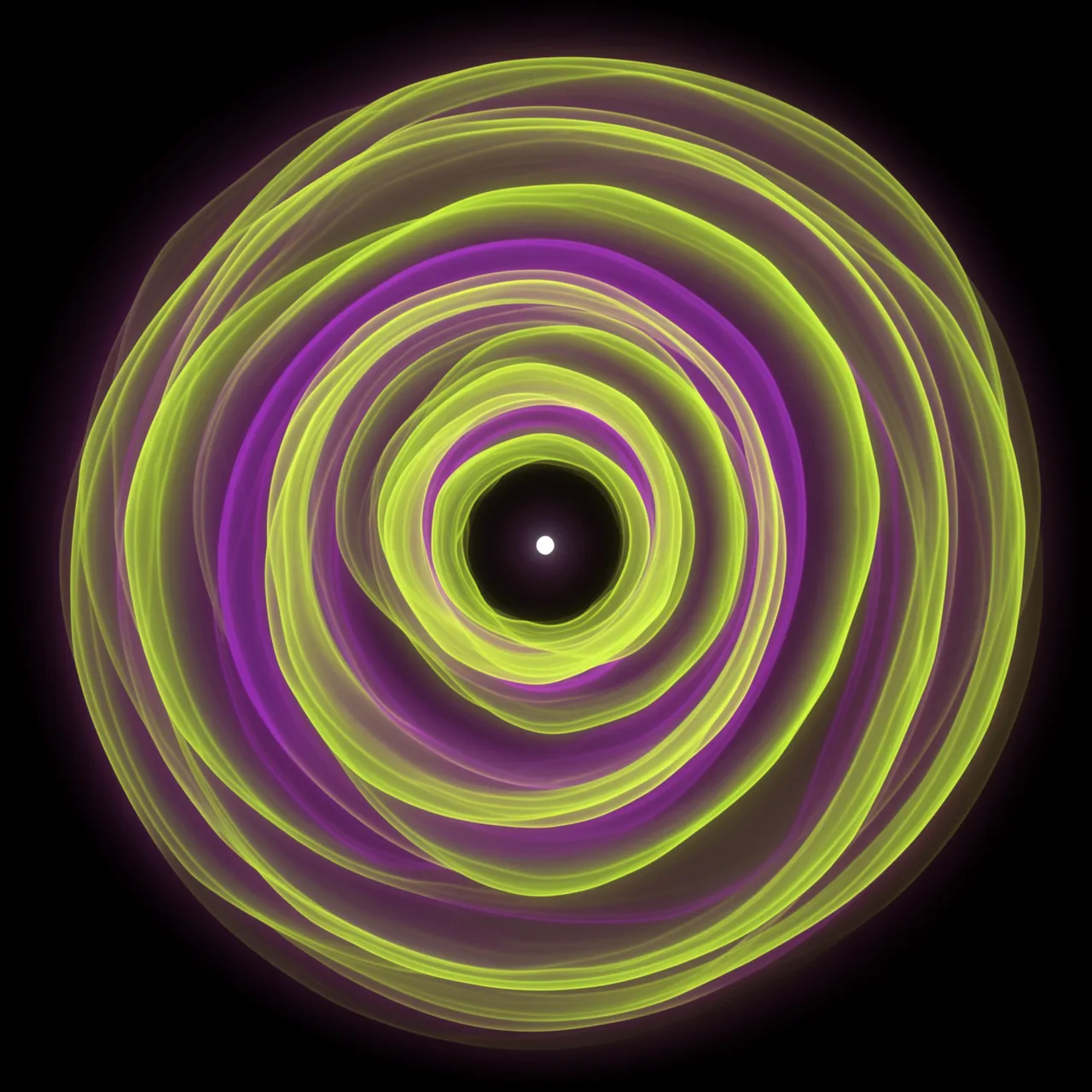 Swirling translucent lime green and violet shells surround a tiny central white star against black space