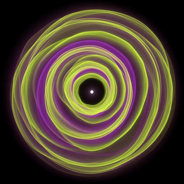 Swirling translucent lime green and violet shells surround a tiny central white star against black space