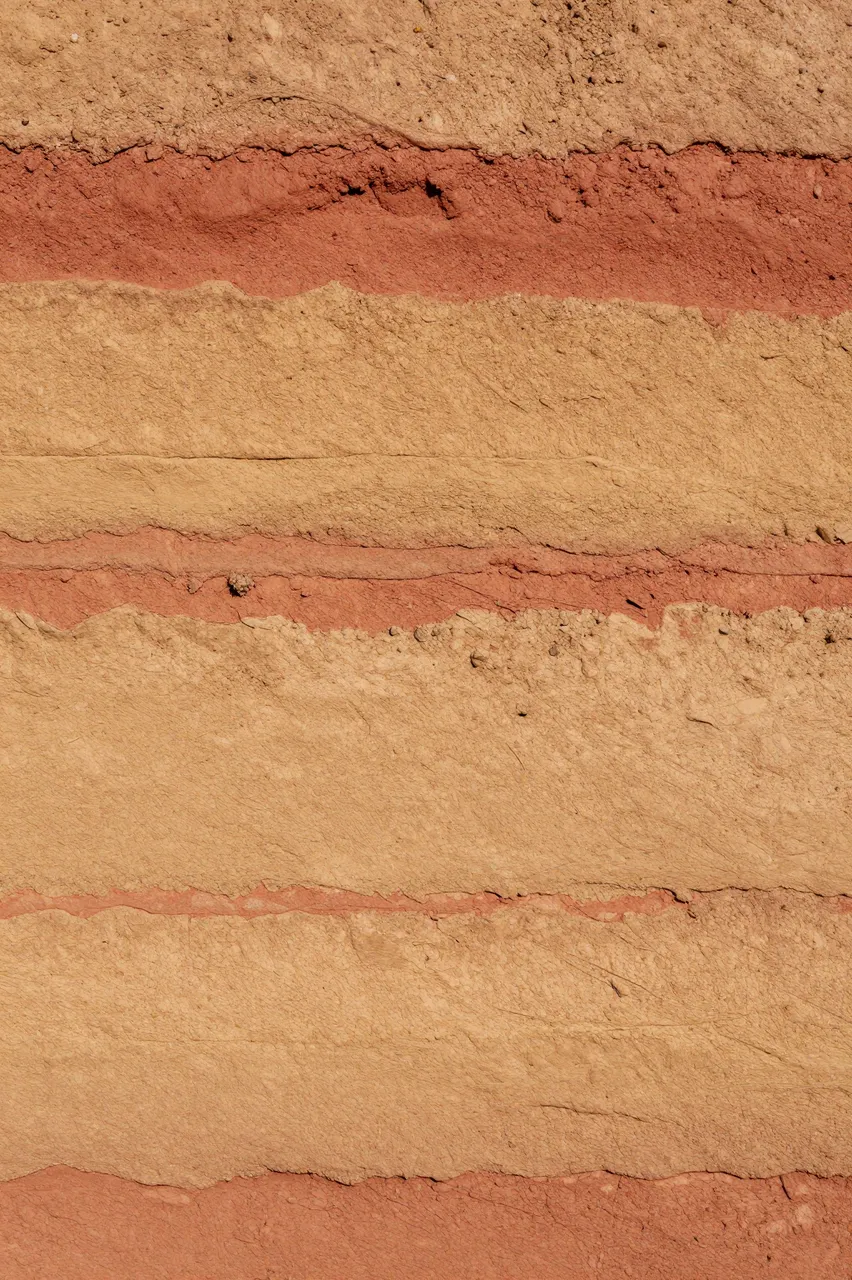Full frame close-up of a rammed earth wall with horizontal layered bands of ochre, tan, and red clay.