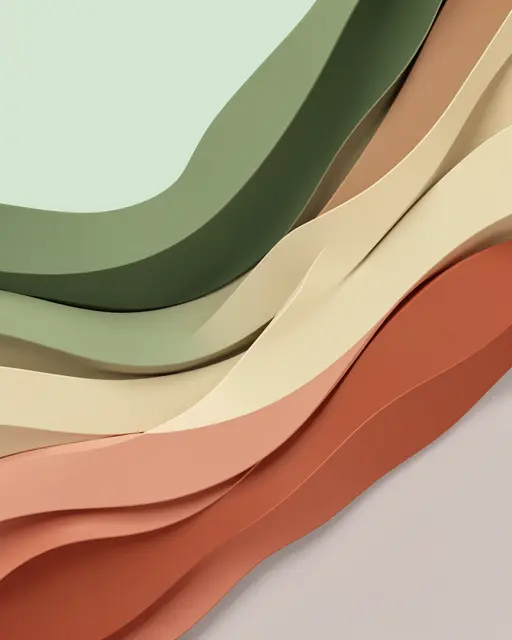 Smooth layered matte gradient curves in sage, sand, and terracotta hues flow across the frame