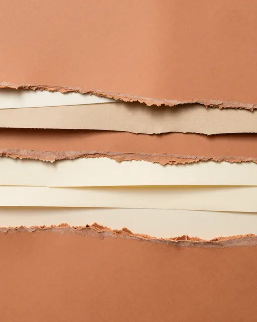 Top view of stacked torn paper layers in warm terracotta, sand, and cream tones under flat even light