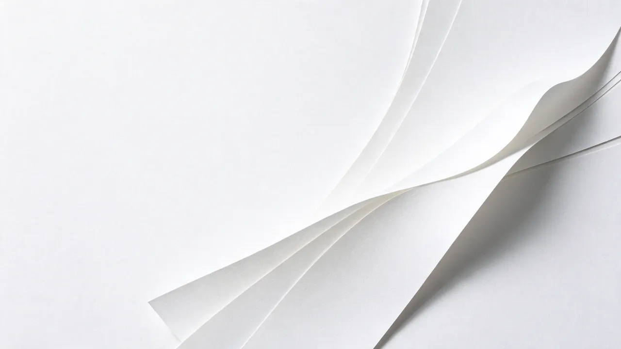 Layered curved white paper sheets sit on the right, with empty white copy space on the left.
