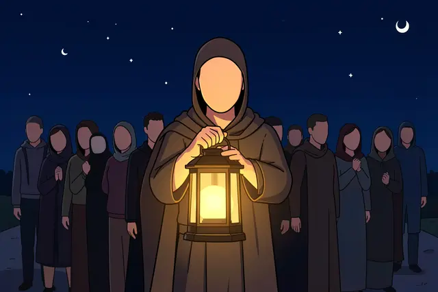 A hooded faceless figure holds a glowing lantern while leading a group of people at night under a starry sky