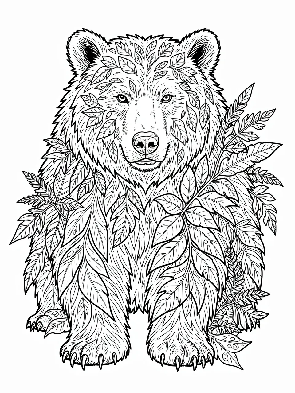 Black and white line art coloring page of an intricate bear decorated with forest leaves on a white background