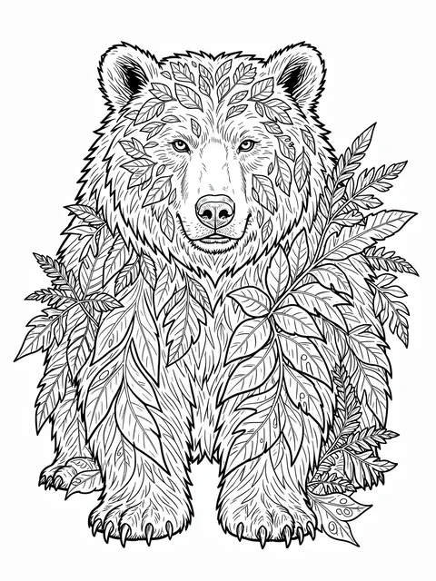 Black and white line art coloring page of an intricate bear decorated with forest leaves on a white background