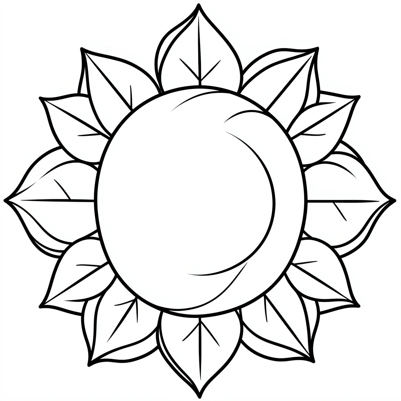 Black and white bold line art mandala of broad leaves and nested circles on a plain white background