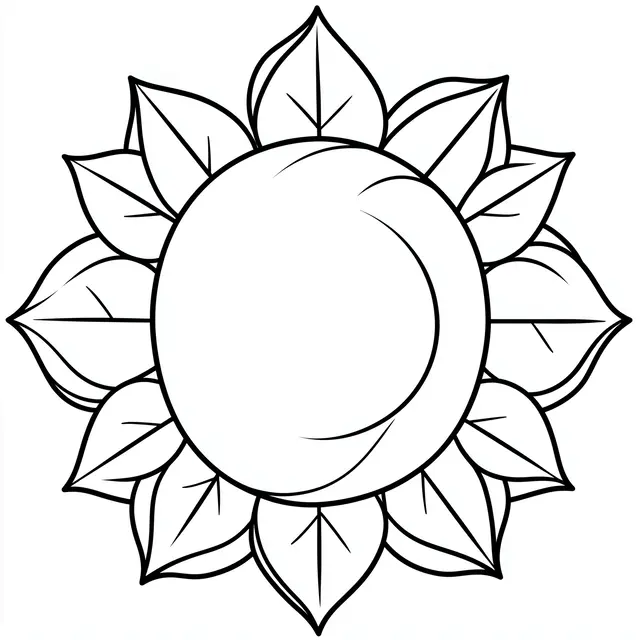 Black and white bold line art mandala of broad leaves and nested circles on a plain white background