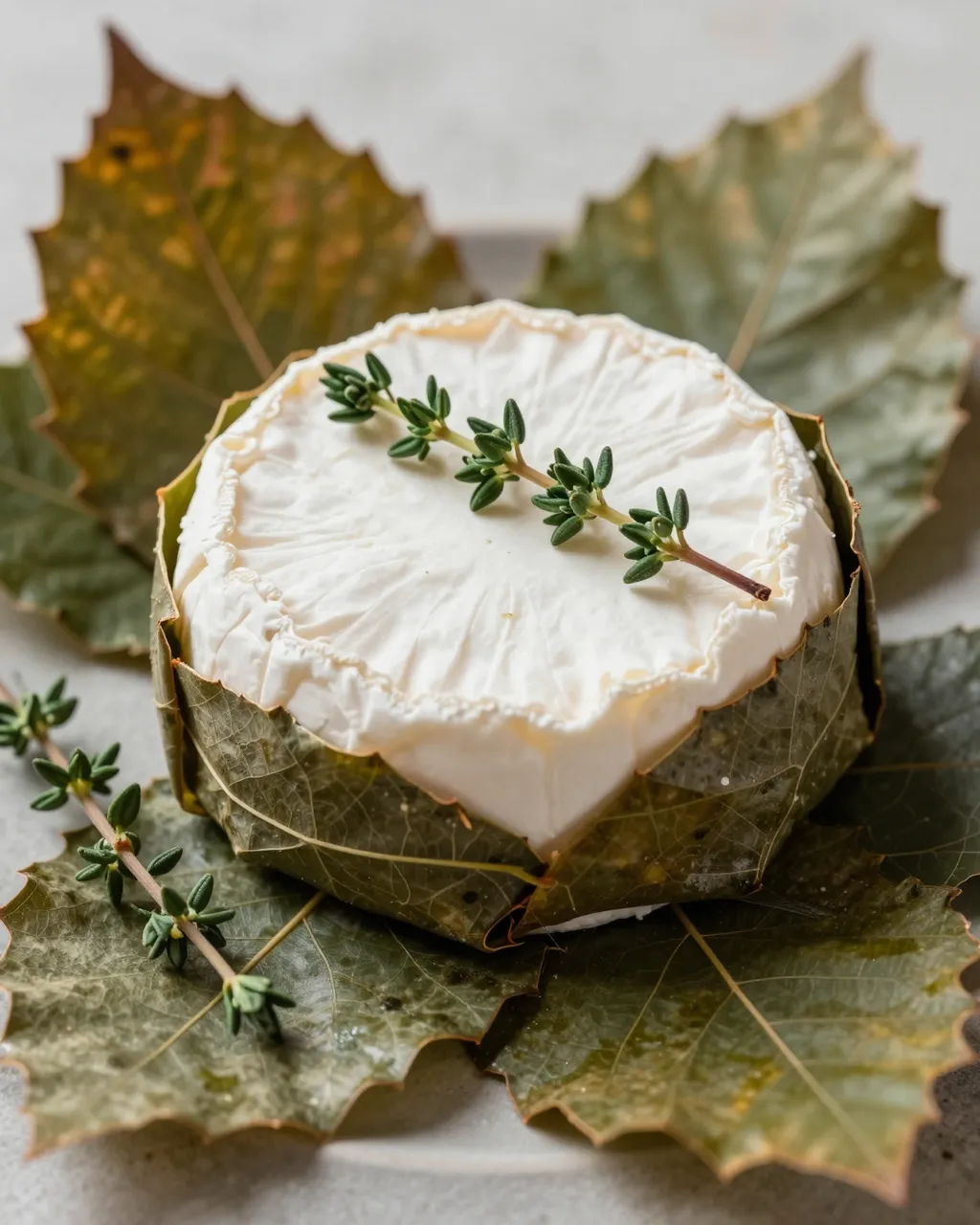Round leaf-wrapped goat cheese topped with fresh thyme, arranged on dried leaves on a light plate