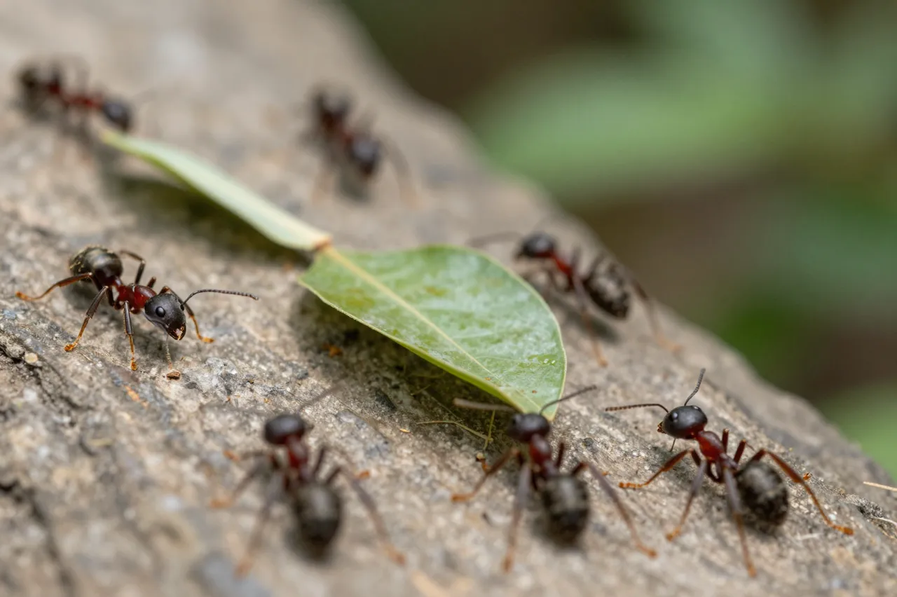 Close-up macro shot of leafcutter ants traveling along a rough stony trail with a cut leaf fragment.