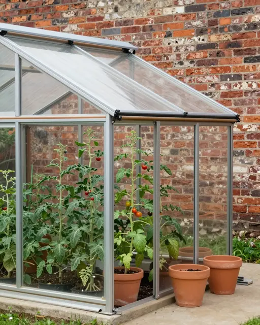 A small lean-to greenhouse holding potted tomato vines sits against a weathered old brick wall next to empty terracotta pots.
