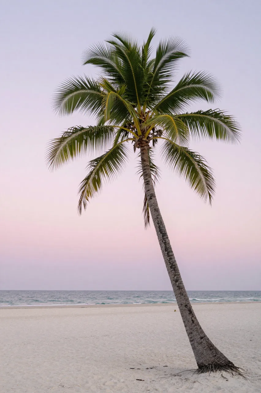 A leaning coconut palm stands on a quiet white sand beach under a soft pink gradient dusk sky above calm ocean.