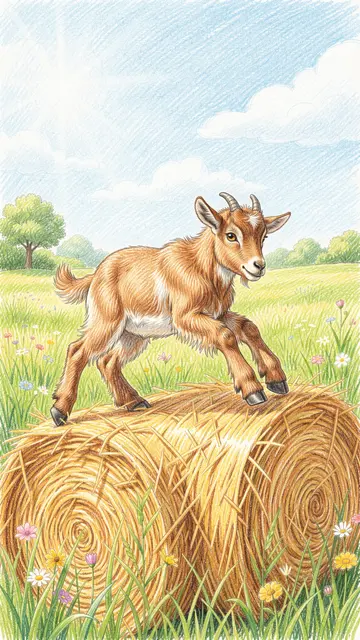 Colored pencil illustration of a baby goat poised on top of a hay bale in a sunny wildflower meadow