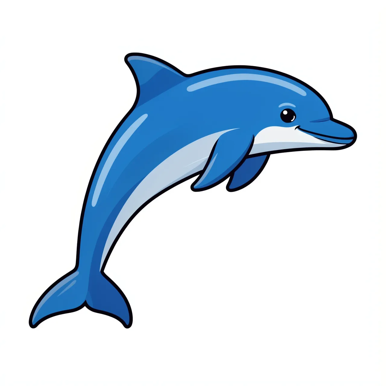 Cartoon style blue dolphin leaping in an arc against a plain white background
