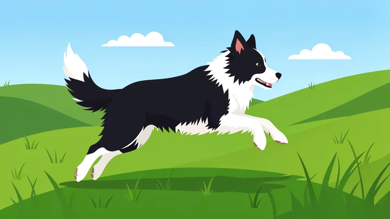 Side view flat vector illustration of a Border Collie leaping across a sunny green grassy hillside meadow