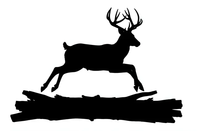 Solid black silhouette of an antlered buck leaping over a fallen log on a plain white background