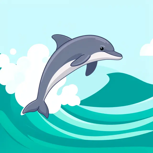 A cartoon dolphin leaps above a curling turquoise ocean wave under a pale blue sky.