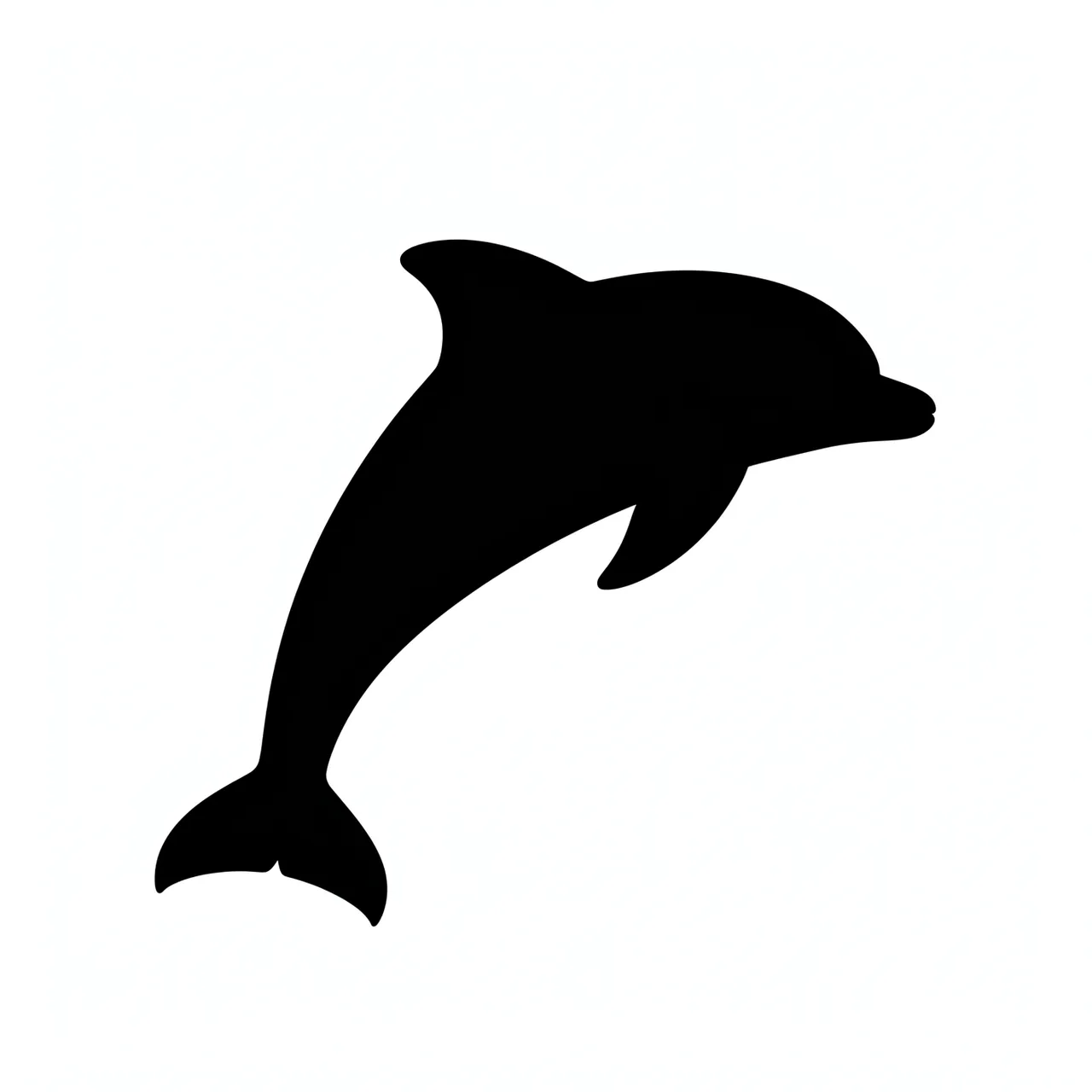 A solid black silhouette of a dolphin leaping in an arc against a plain white background