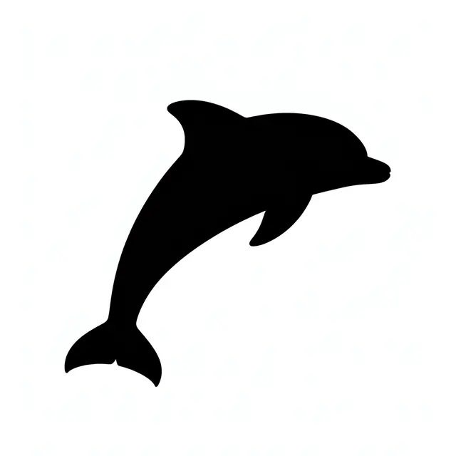 A solid black silhouette of a dolphin leaping in an arc against a plain white background