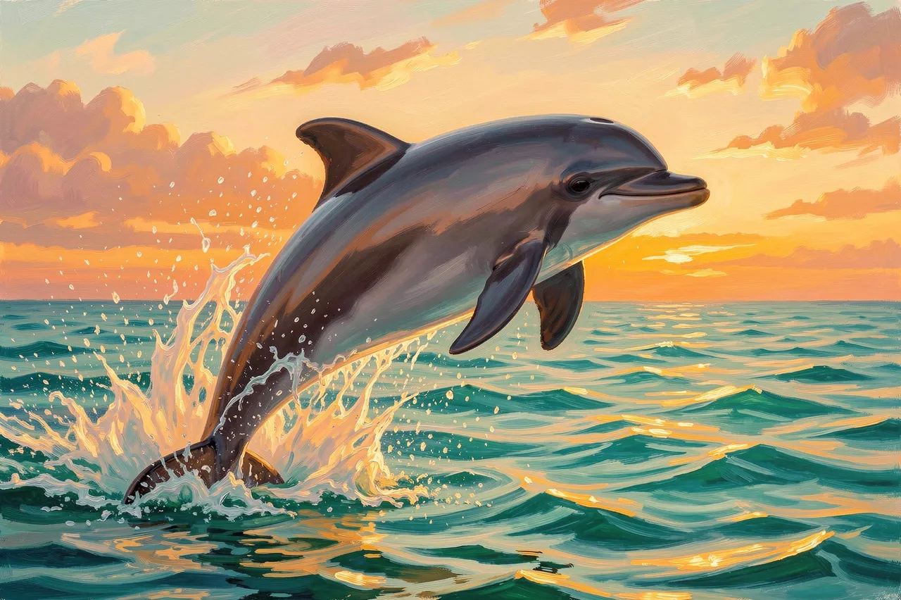 A bottlenose dolphin leaps from turquoise ocean waves beneath a golden sunset sky with glowing water spray.