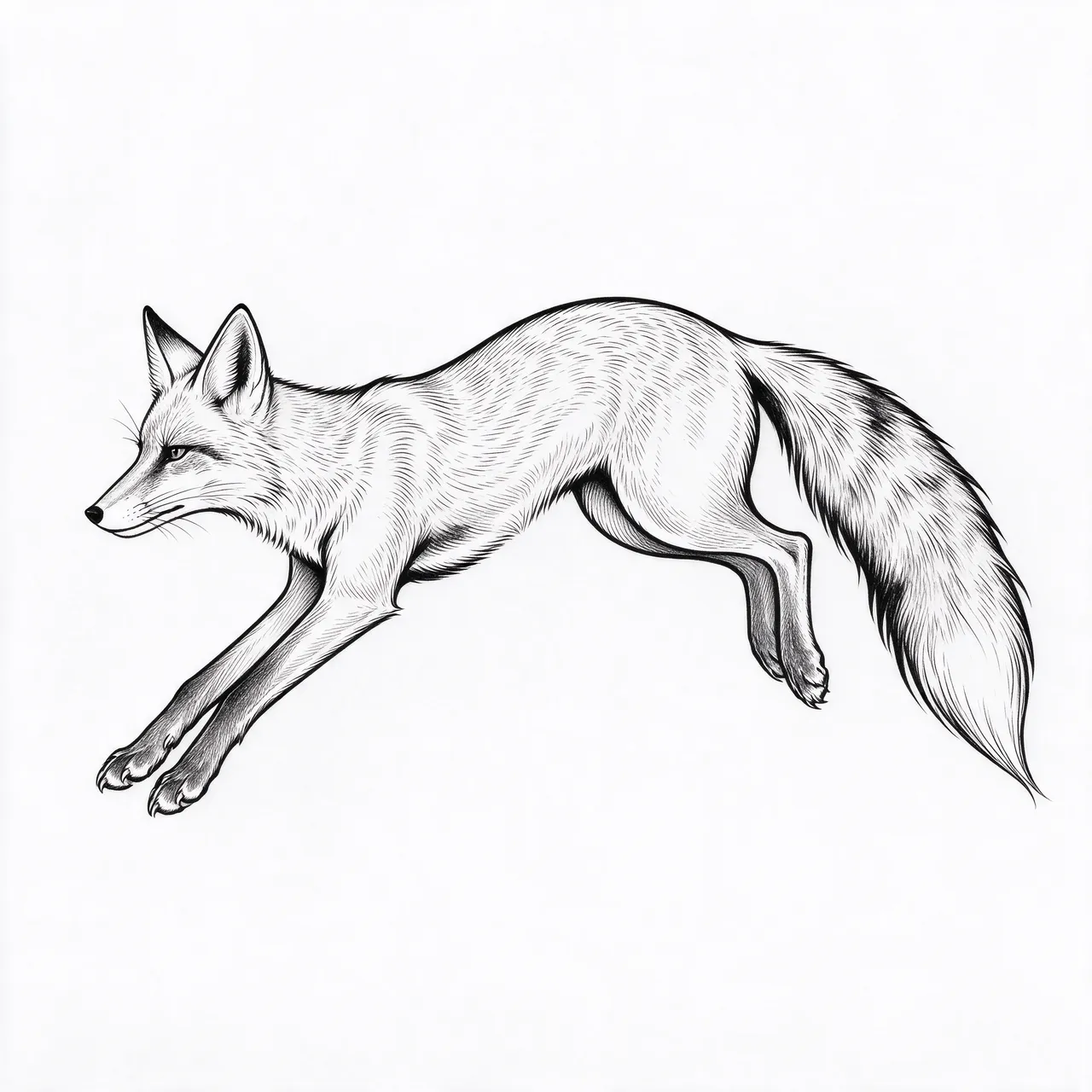 Black ink fine line drawing of a fox mid-leap against a plain white background