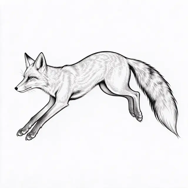 Black ink fine line drawing of a fox mid-leap against a plain white background