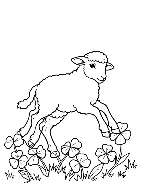 Bold black line art of a leaping lamb standing above clover and grass on a blank white background