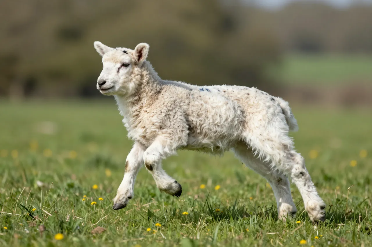 A fluffy young lamb leaps through a sunlit grassy spring meadow dotted with small yellow wildflowers.